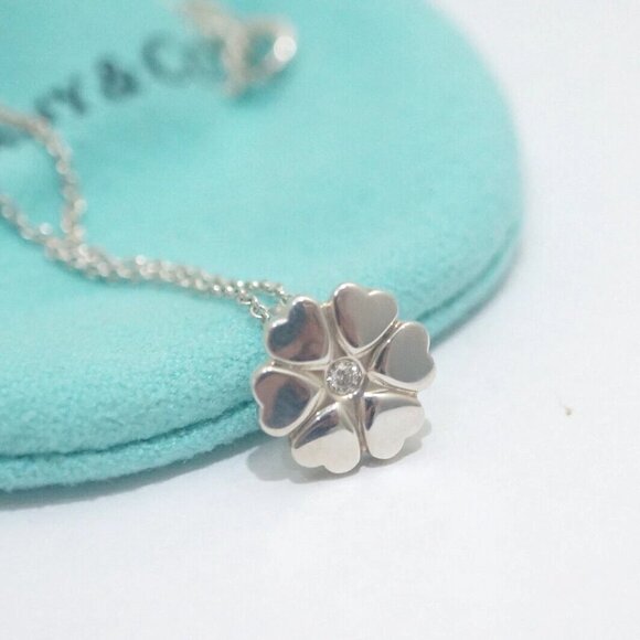 New! Tiffany & Co. Paloma Picasso Sterling Silver Flower with Diamond Necklace - Picture 2 of 5